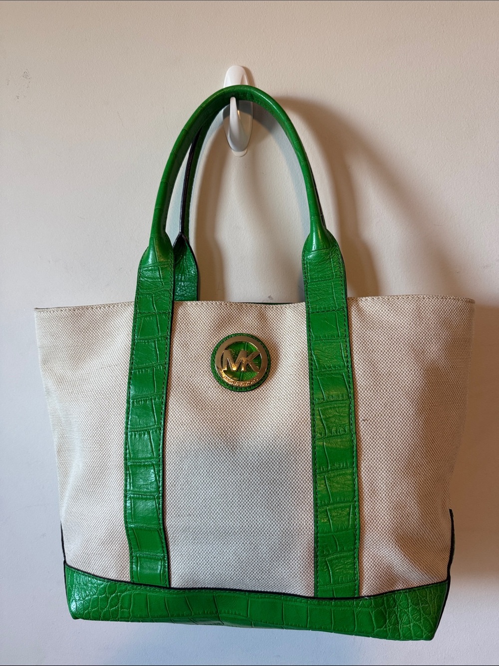 Michael Kors Cream Canvas Tote with Green Croc-Trim